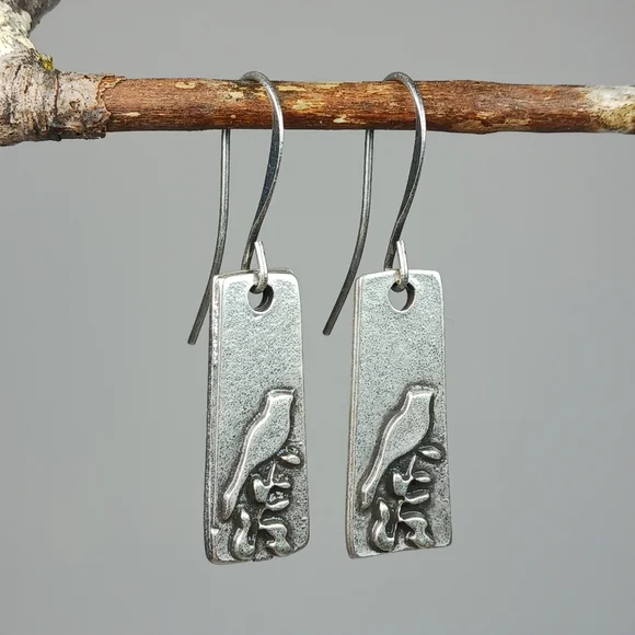 HAND CRAFTED EARRINGS Silver Rustic Bird Dangle Drop - Picture 3 of 5